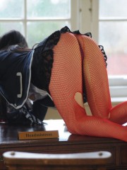 Rebellious college girl samantha bentley in red nulons stripteasing at the principal's table.